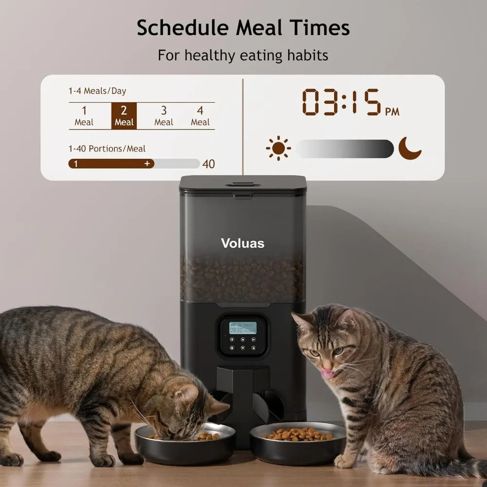 Automatic Cat Feeder for Two Cats, Double Pet Feeder with 2 Stainless Steel Bowls,6L Timed Cat Feeders with Memory Function