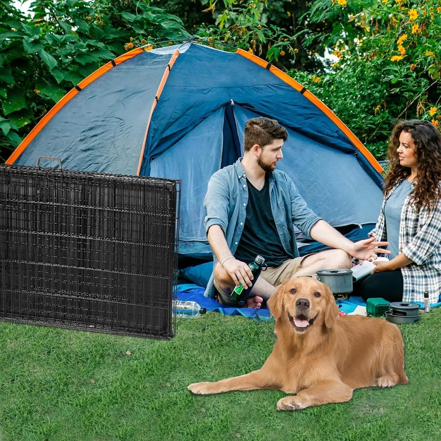 48 Inch Extra Large Double Door Portable Dog Cage, Metal Wire Pet Kennel with Leak-Proof Tray and Foldable Design