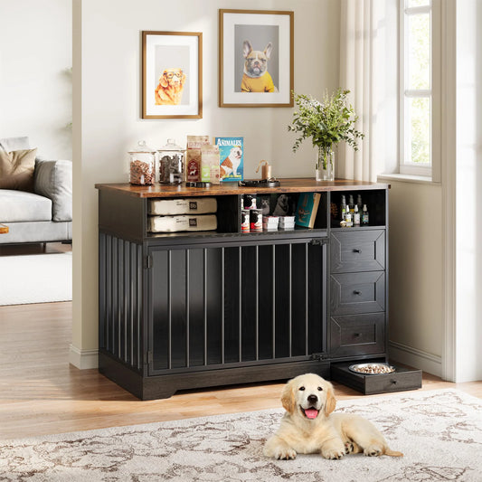 48 Inch Large Farmhouse Wooden Dog Crate Furniture With 6 Storage Drawers Feeding Station Heavy Duty Dog Kennel End Table