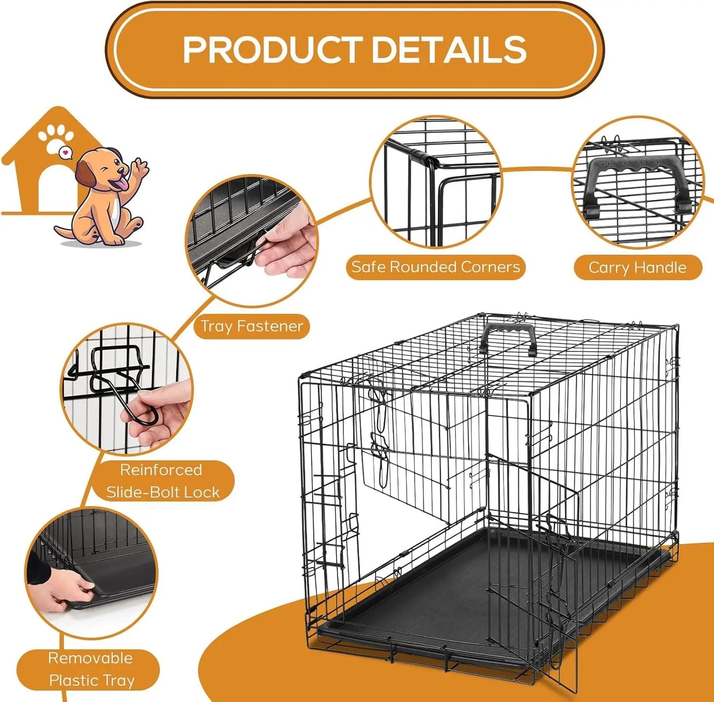 48 Inch Extra Large Double Door Portable Dog Cage, Metal Wire Pet Kennel with Leak-Proof Tray and Foldable Design