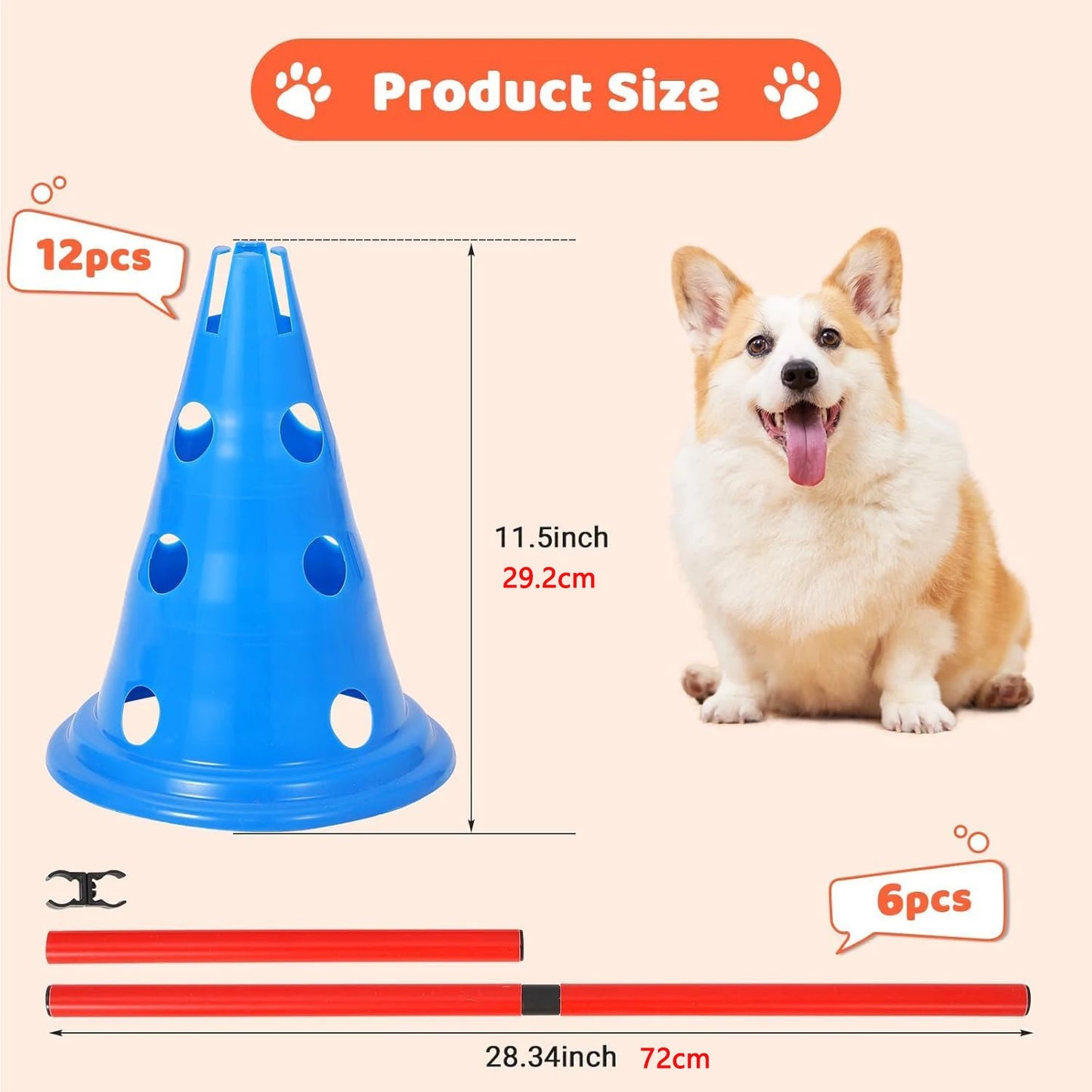 Dog Agility Hurdle Cone Set Dog Agility Course Set with 12 Cones 6 Rods Dog Agile Training Equipment for Outdoor Backyard