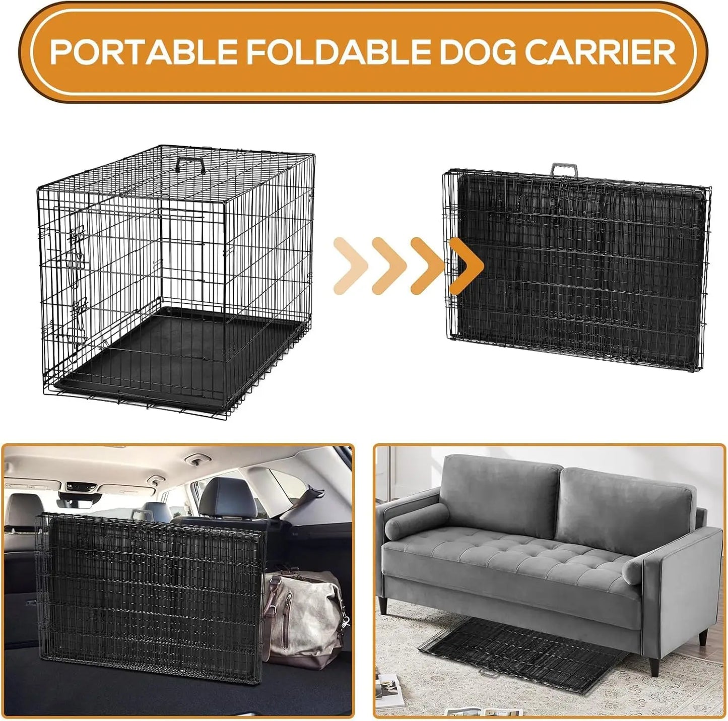 48 Inch Extra Large Double Door Portable Dog Cage, Metal Wire Pet Kennel with Leak-Proof Tray and Foldable Design