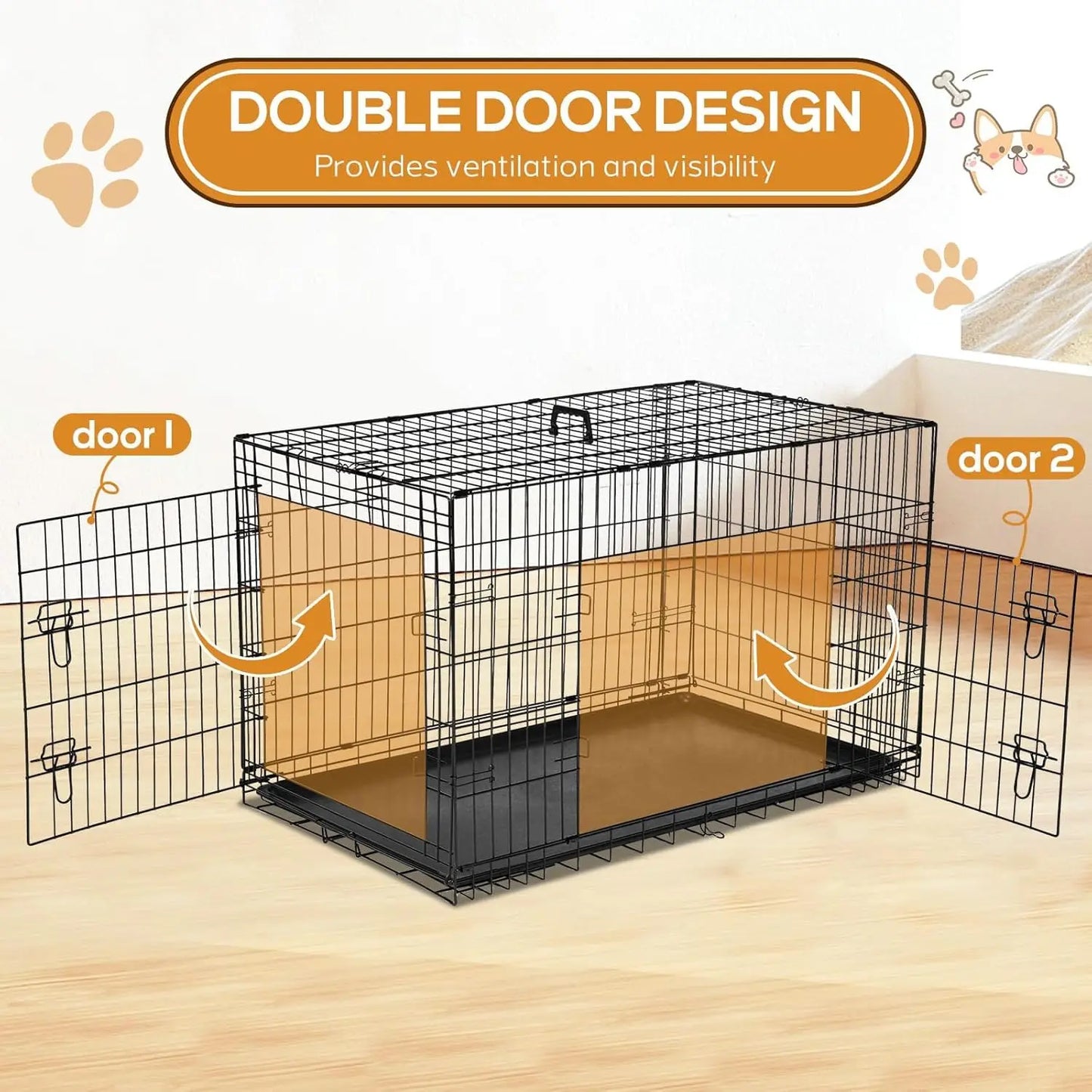 48 Inch Extra Large Double Door Portable Dog Cage, Metal Wire Pet Kennel with Leak-Proof Tray and Foldable Design