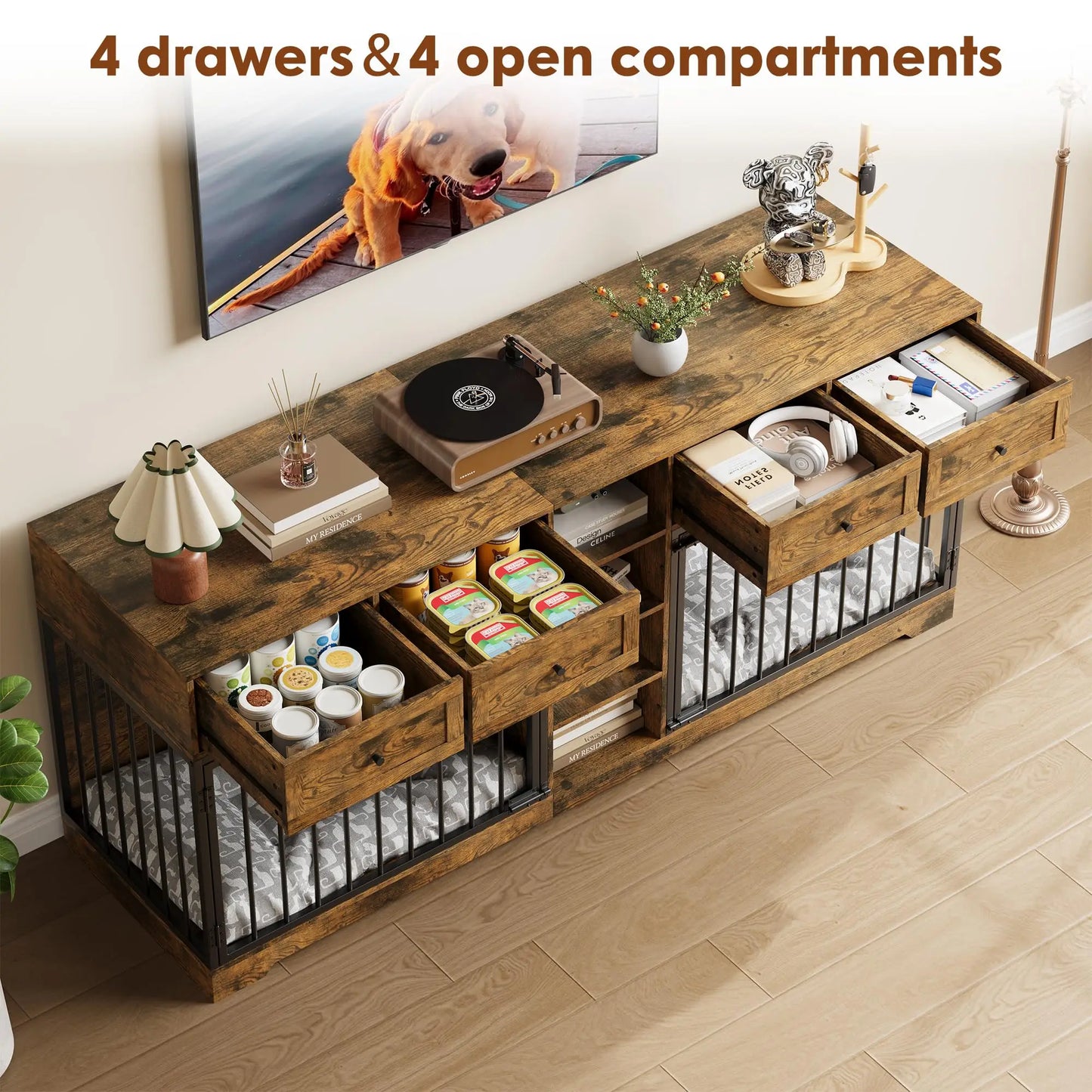 82'' Large Double Dog Crate Furniture TV Stand With 4 Drawers Shelves Heavy Duty Wooden Indoor Kennel For 2 Medium Large Dogs