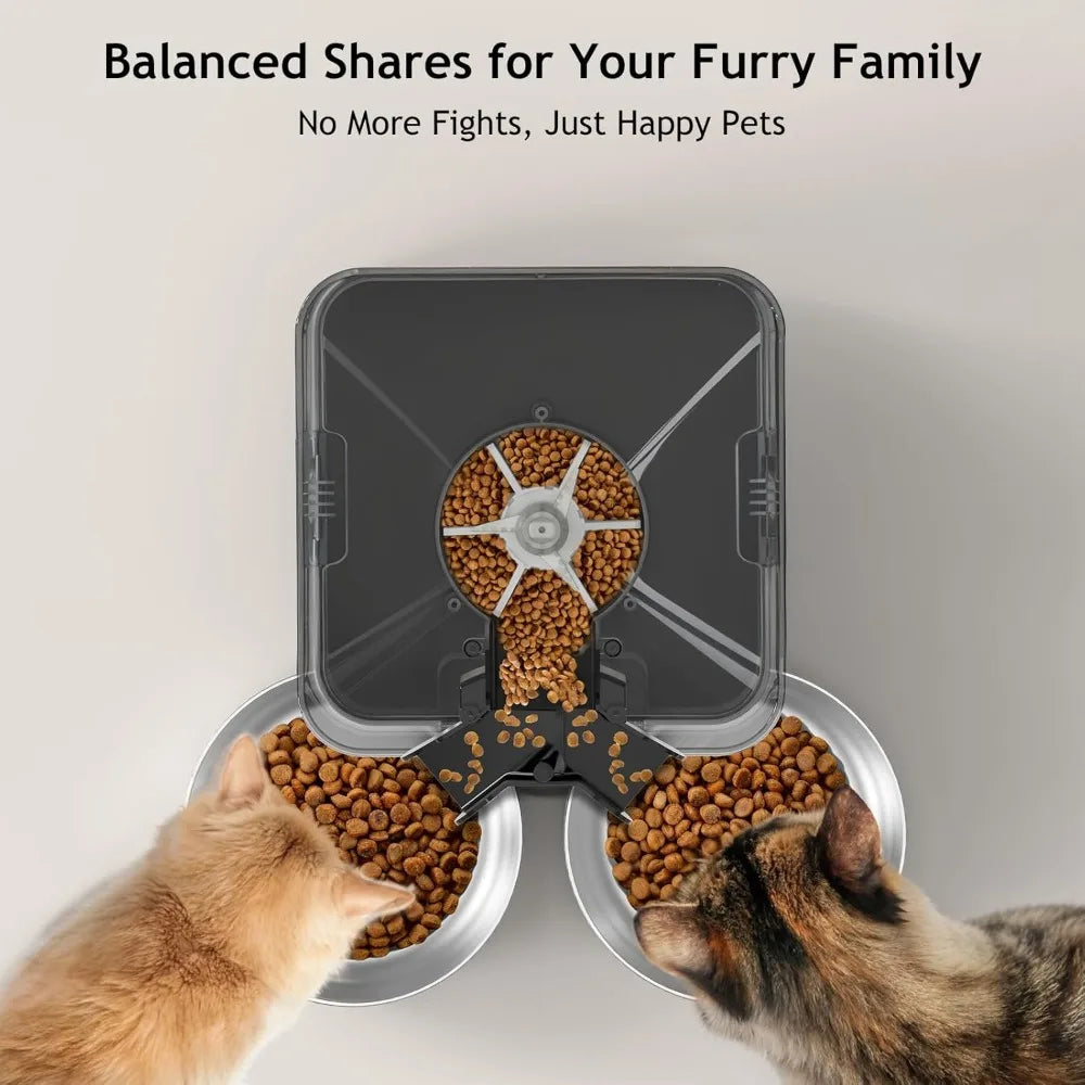 Automatic Cat Feeder for Two Cats, Double Pet Feeder with 2 Stainless Steel Bowls,6L Timed Cat Feeders with Memory Function