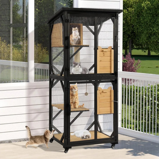 Grepatio Catio Outdoor Cat Enclosure, 4 Tiers Cat House with Waterproof Roof, Indoor Cat Cage with Wheels and Removable Floor, L