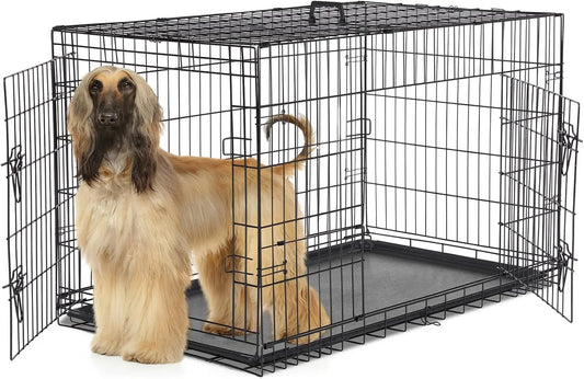 48 Inch Extra Large Double Door Portable Dog Cage, Metal Wire Pet Kennel with Leak-Proof Tray and Foldable Design