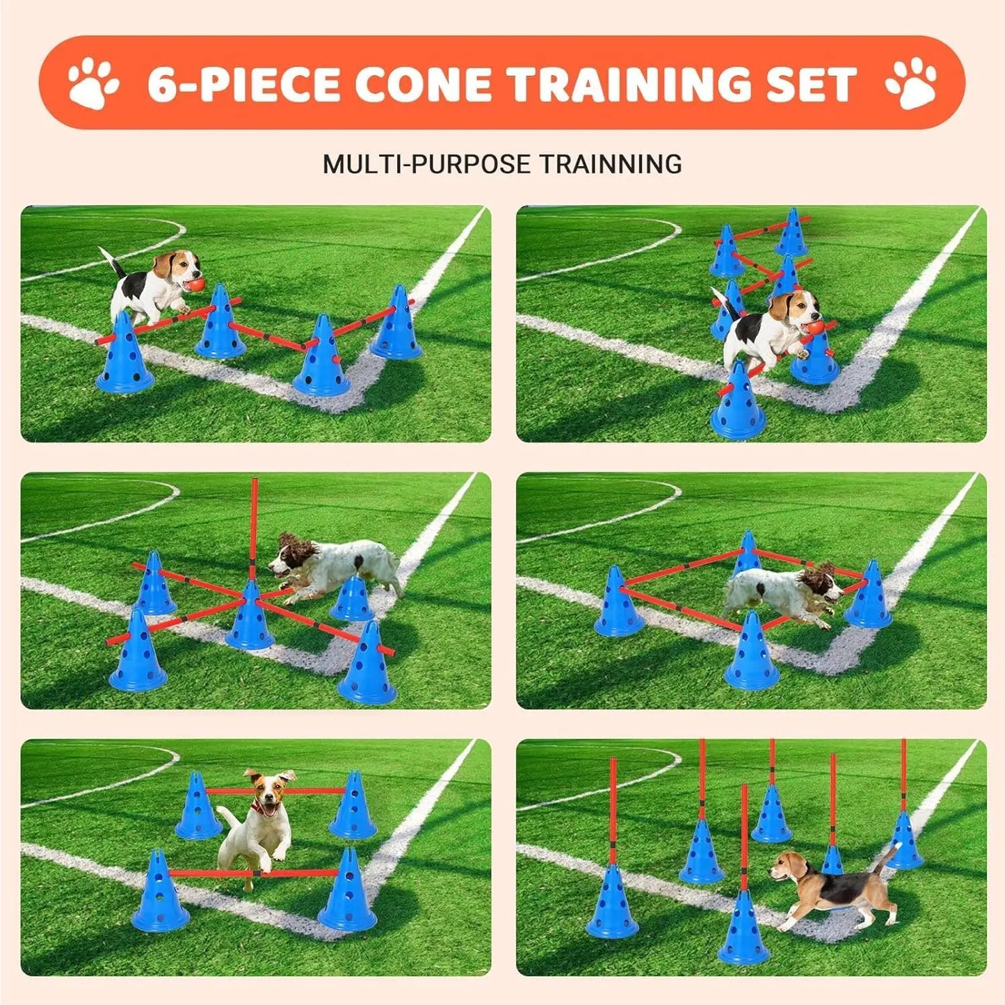 Dog Agility Hurdle Cone Set Dog Agility Course Set with 12 Cones 6 Rods Dog Agile Training Equipment for Outdoor Backyard