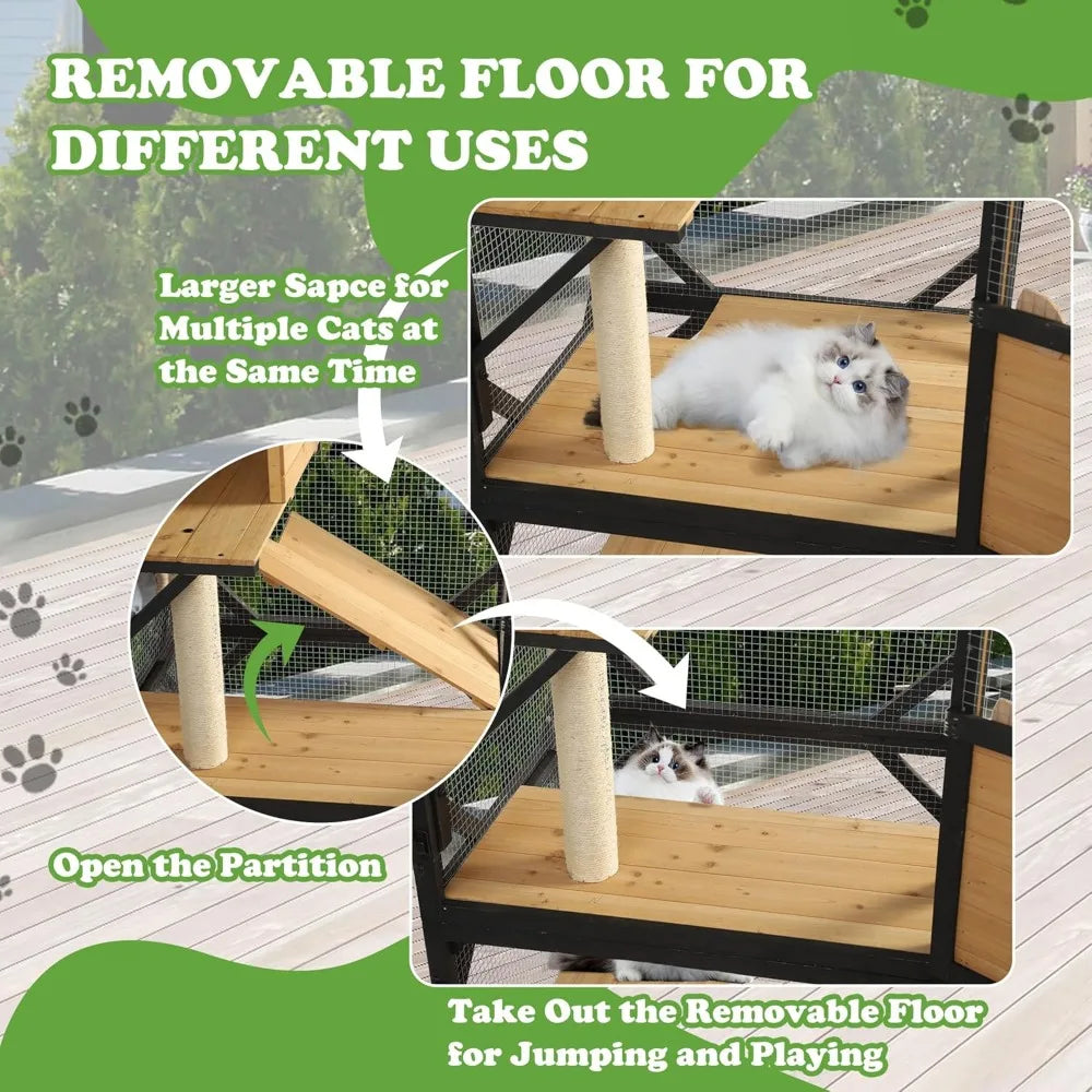 Grepatio Catio Outdoor Cat Enclosure, 4 Tiers Cat House with Waterproof Roof, Indoor Cat Cage with Wheels and Removable Floor, L