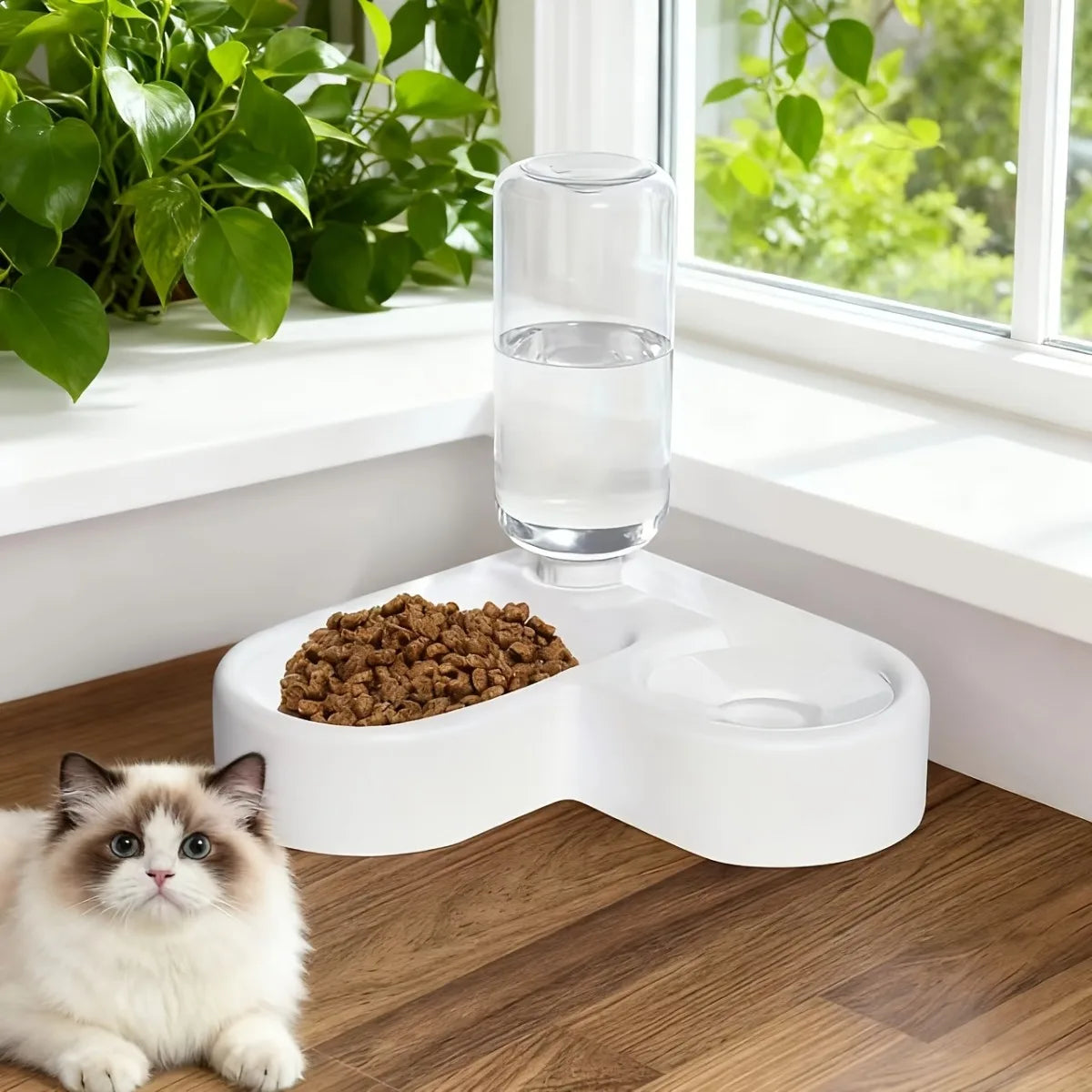 Pet Food and Water Bowl Combo Automatic Water Dispenser Anti-Spill Corner Design Plastic for Cats No Battery