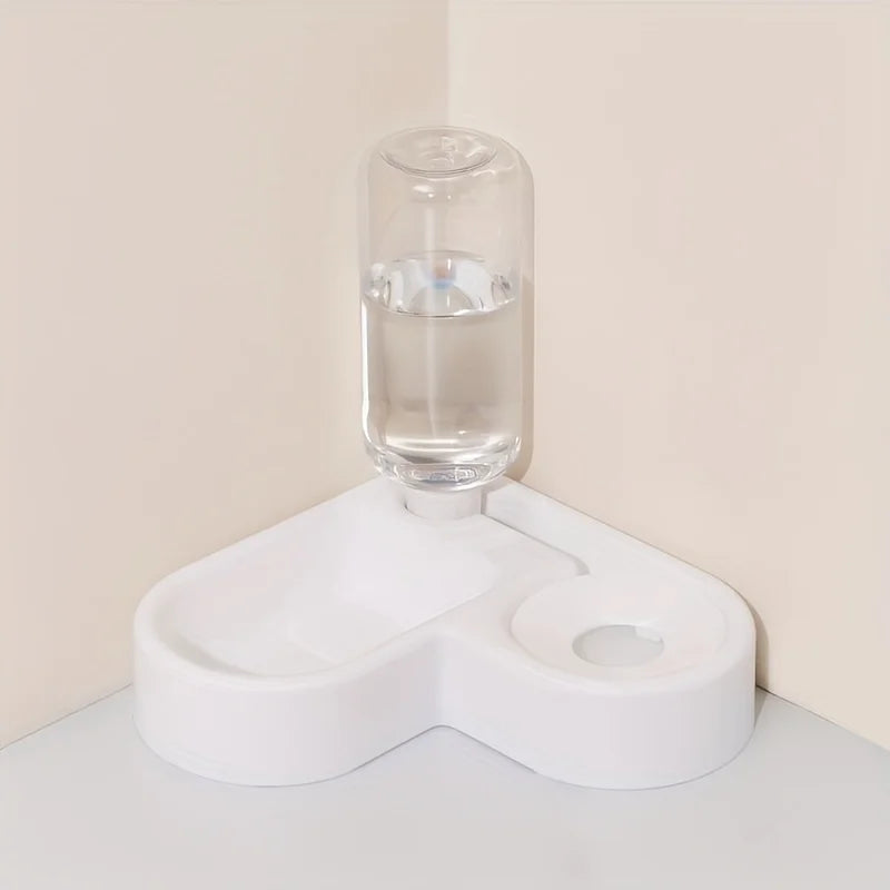 Pet Food and Water Bowl Combo Automatic Water Dispenser Anti-Spill Corner Design Plastic for Cats No Battery
