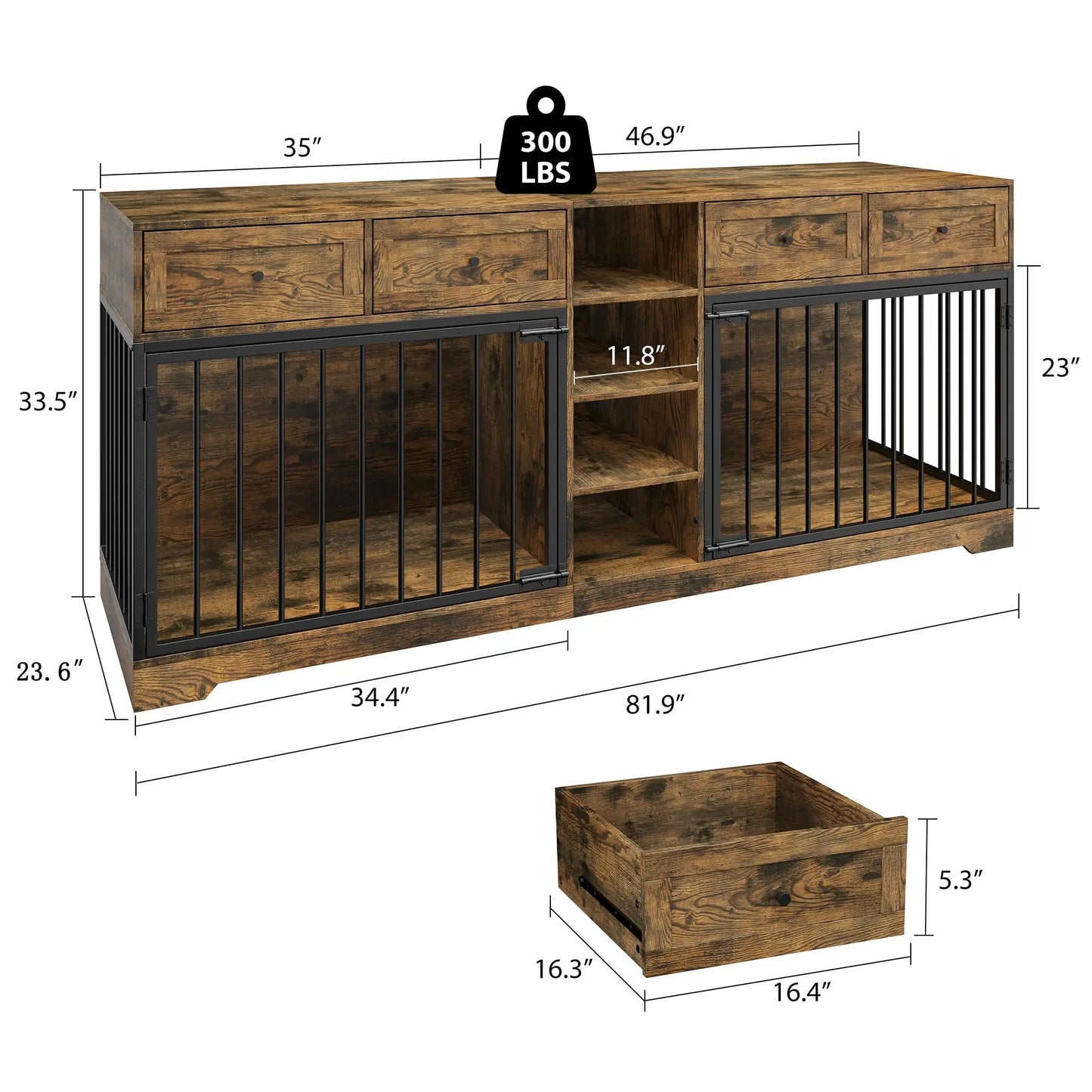 82'' Large Double Dog Crate Furniture TV Stand With 4 Drawers Shelves Heavy Duty Wooden Indoor Kennel For 2 Medium Large Dogs