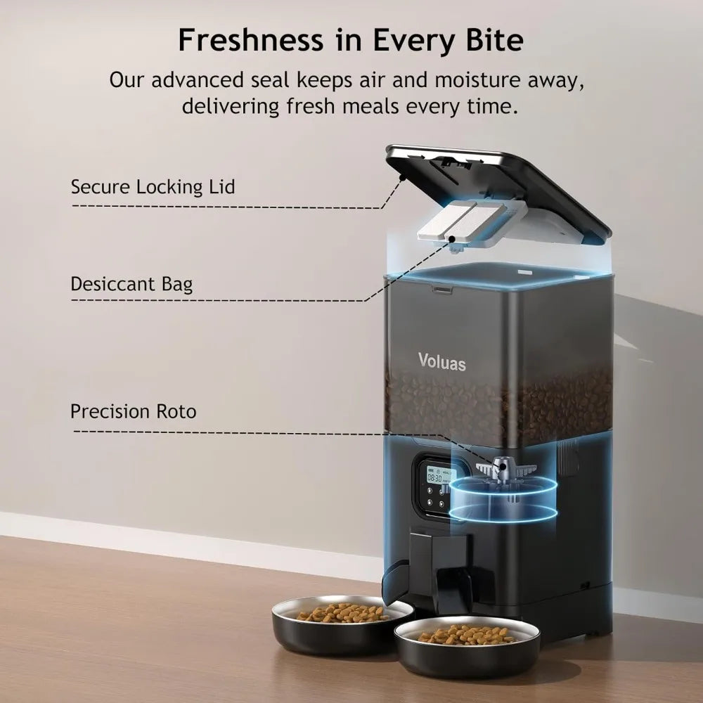 Automatic Cat Feeder for Two Cats, Double Pet Feeder with 2 Stainless Steel Bowls,6L Timed Cat Feeders with Memory Function