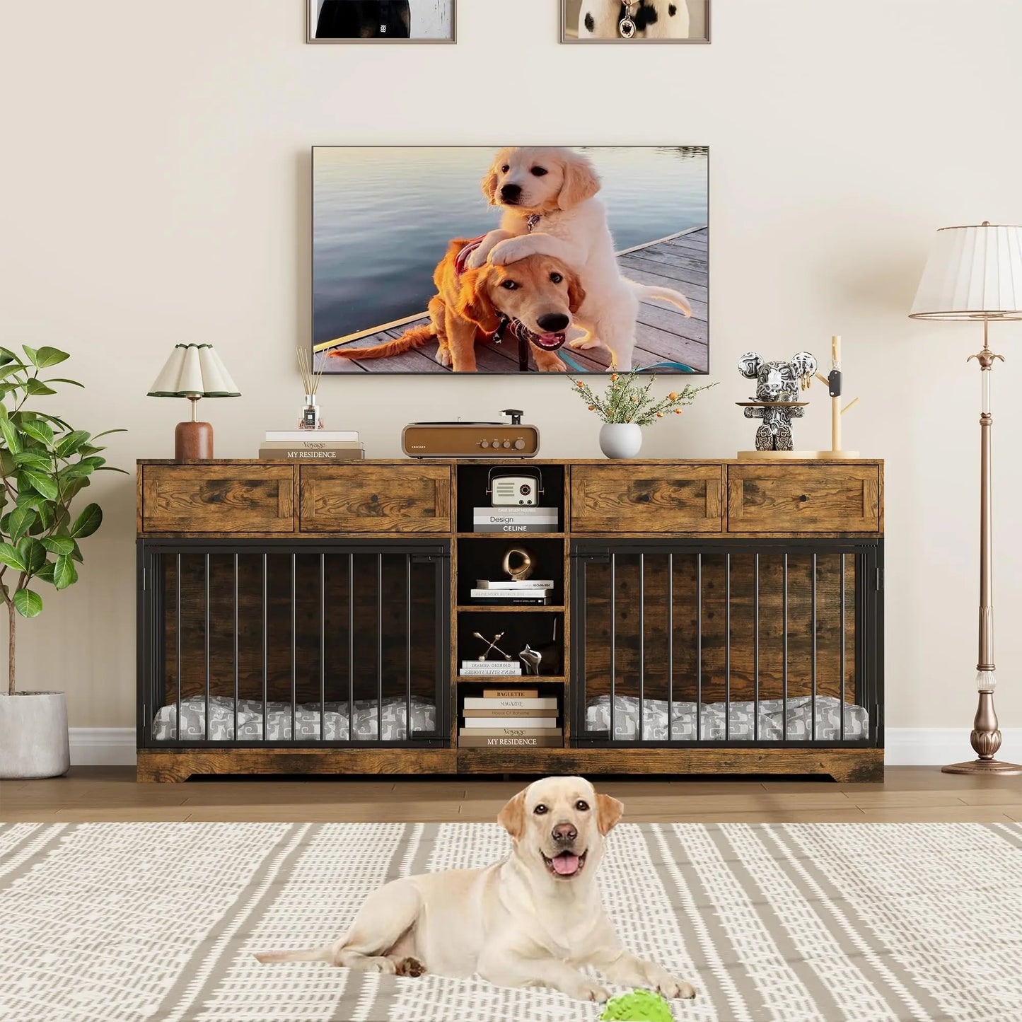 82'' Large Double Dog Crate Furniture TV Stand With 4 Drawers Shelves Heavy Duty Wooden Indoor Kennel For 2 Medium Large Dogs