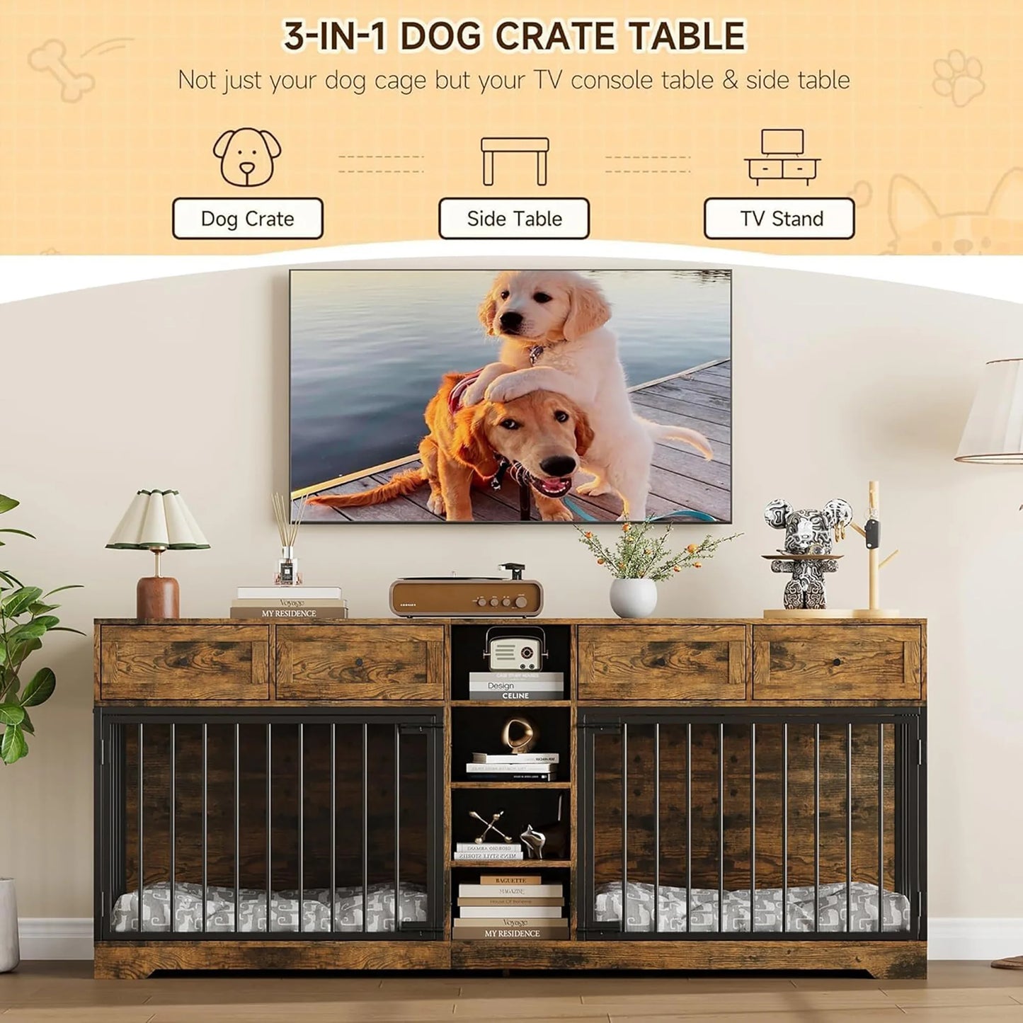 82'' Large Double Dog Crate Furniture TV Stand With 4 Drawers Shelves Heavy Duty Wooden Indoor Kennel For 2 Medium Large Dogs